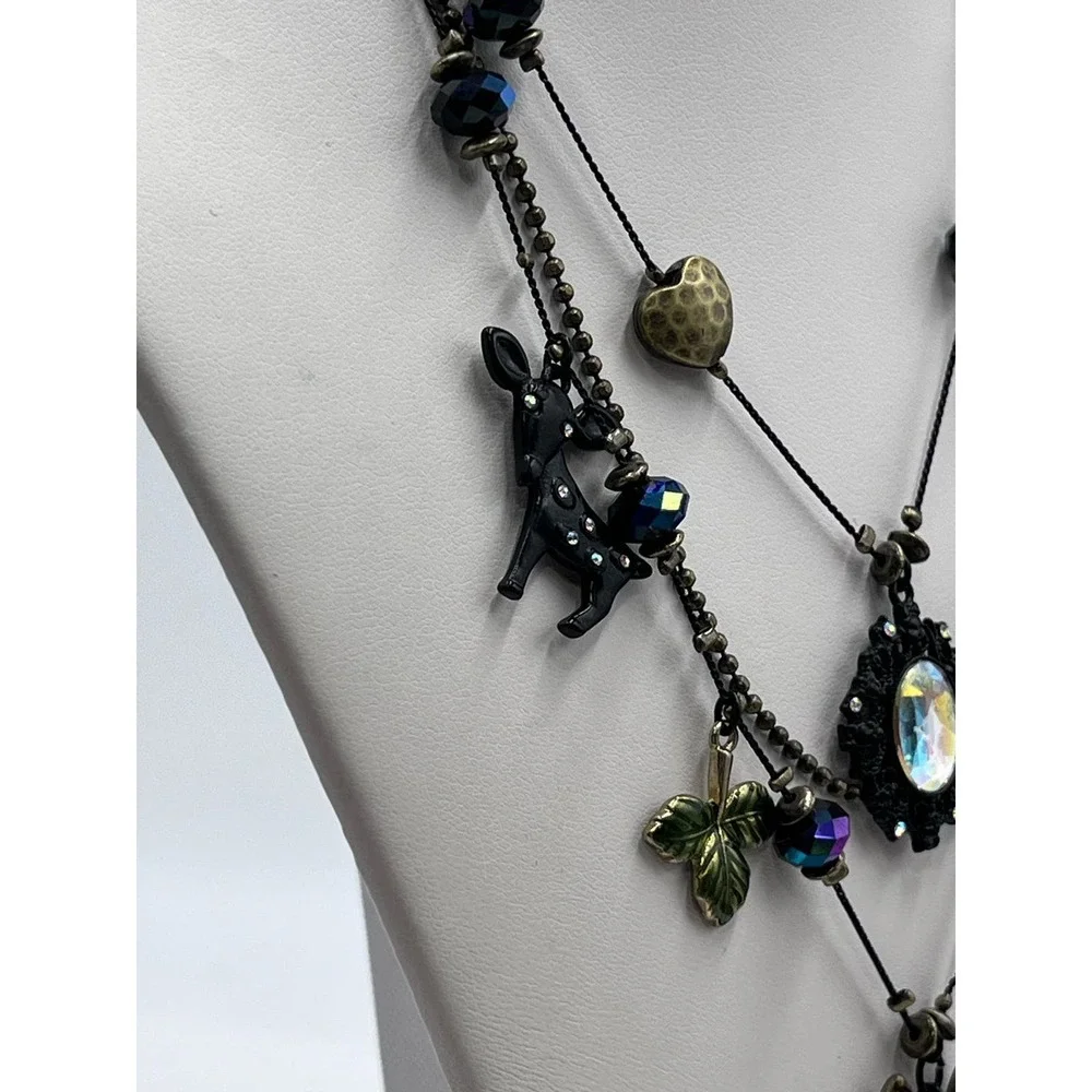 Betsey Johnson Dark‎ Forest Triple Strand Gunmetal Necklace Fox Rabbit Charms